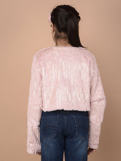 Pink Embellished Crop Length Fur Cardigan-Girls Cardigans-Crimsoune Club