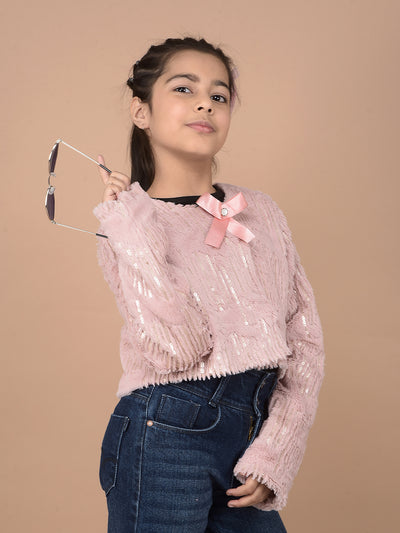 Pink Embellished Crop Length Fur Cardigan-Girls Cardigans-Crimsoune Club