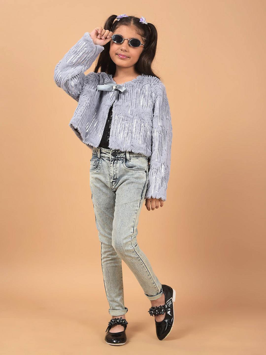 Grey Crop Length Cardigan-Girls Cardigans-Crimsoune Club
