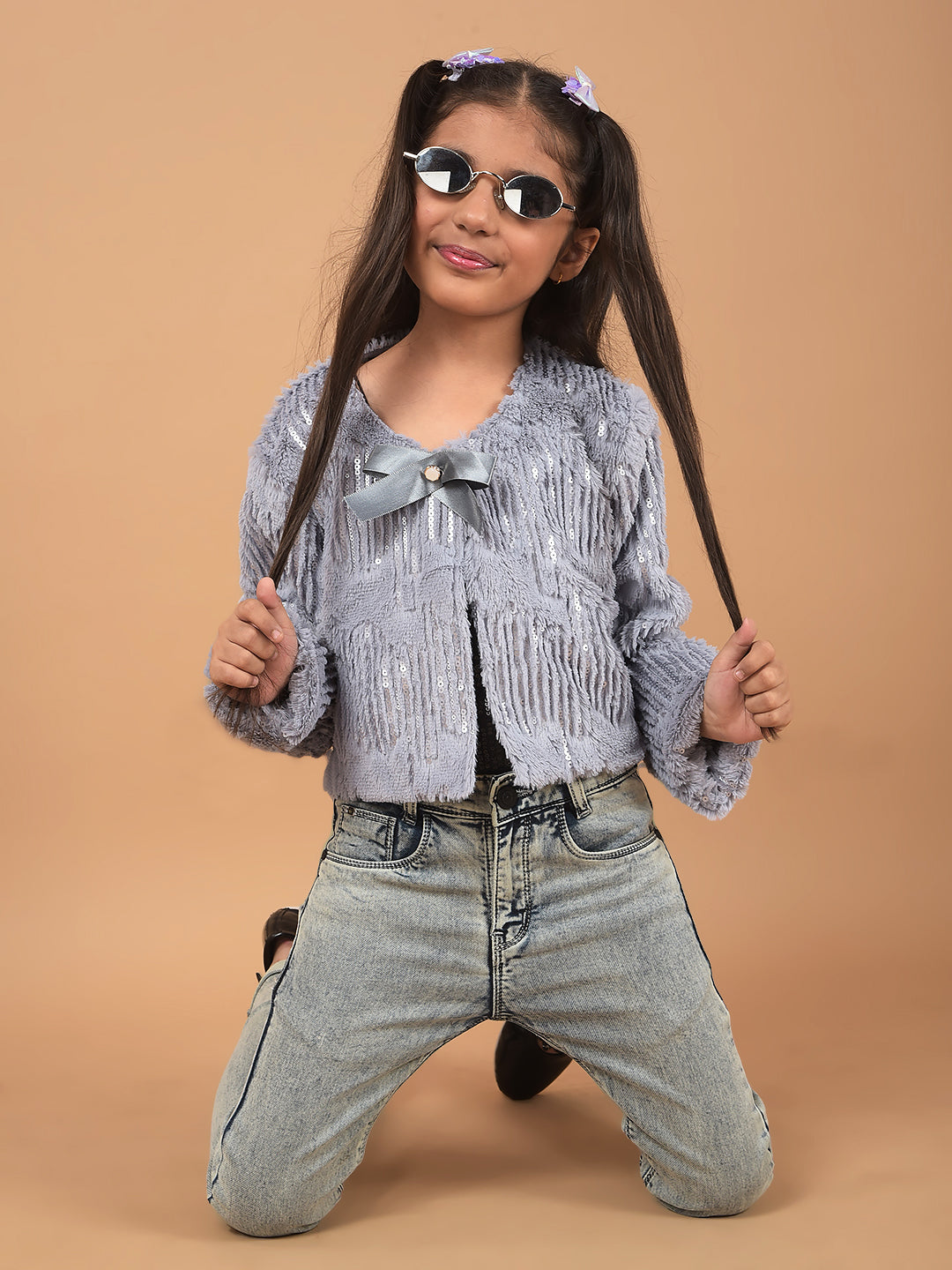 Grey Crop Length Cardigan-Girls Cardigans-Crimsoune Club