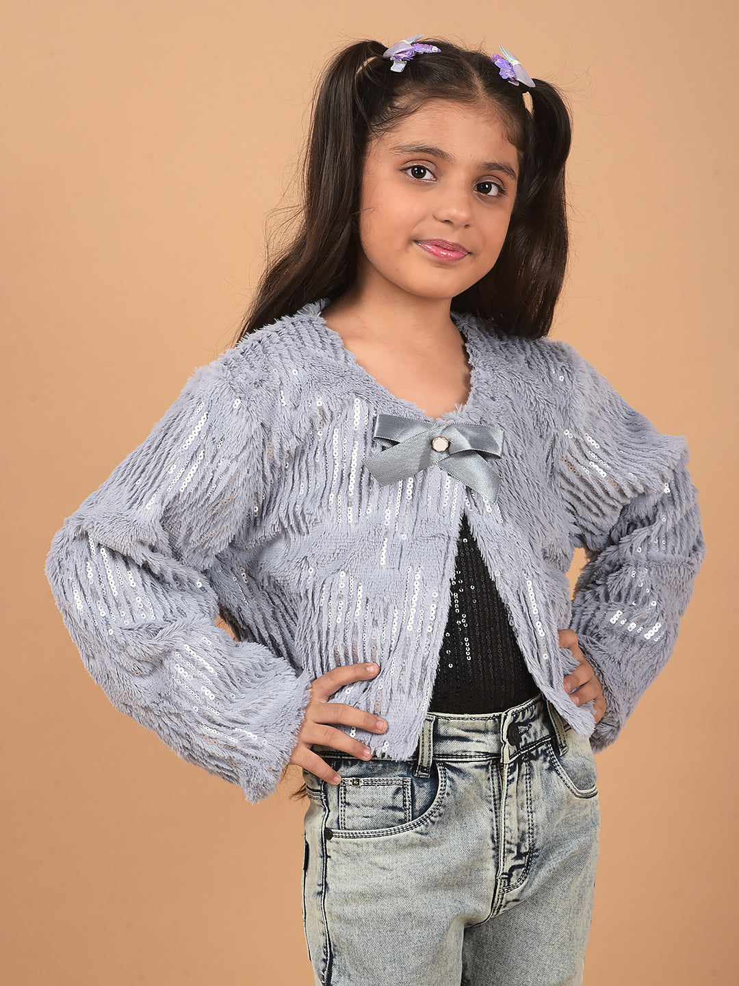 Grey Crop Length Cardigan-Girls Cardigans-Crimsoune Club