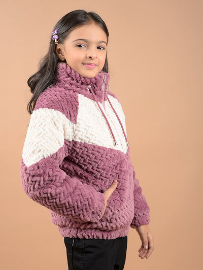 Pink Color-Block High Neck Fur Jacket-Girls Jackets-Crimsoune Club