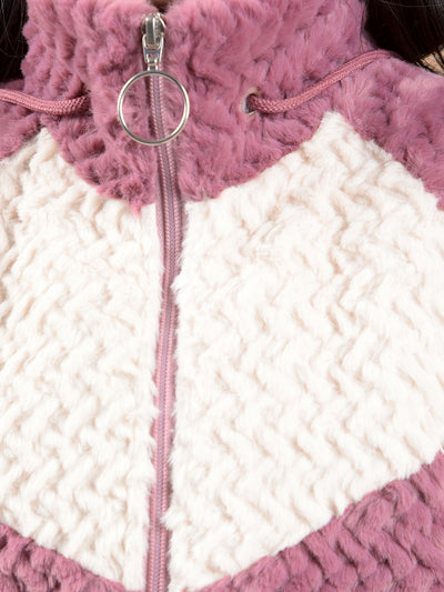 Pink Color-Block High Neck Fur Jacket-Girls Jackets-Crimsoune Club