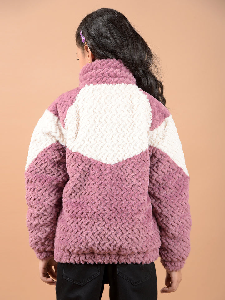 Pink Color-Block High Neck Fur Jacket-Girls Jackets-Crimsoune Club