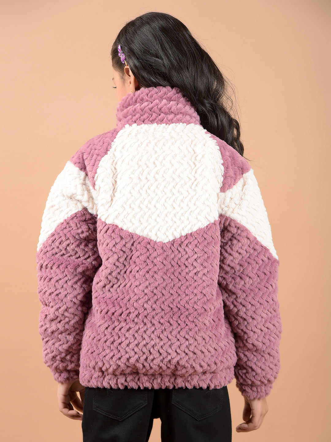 Pink Color-Block High Neck Fur Jacket-Girls Jackets-Crimsoune Club