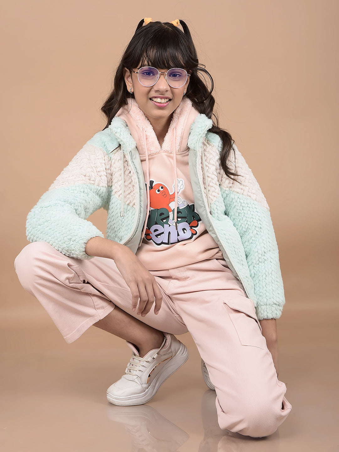 Multi-Color Self-Design High Neck Fur Jacket-Girls Jackets-Crimsoune Club