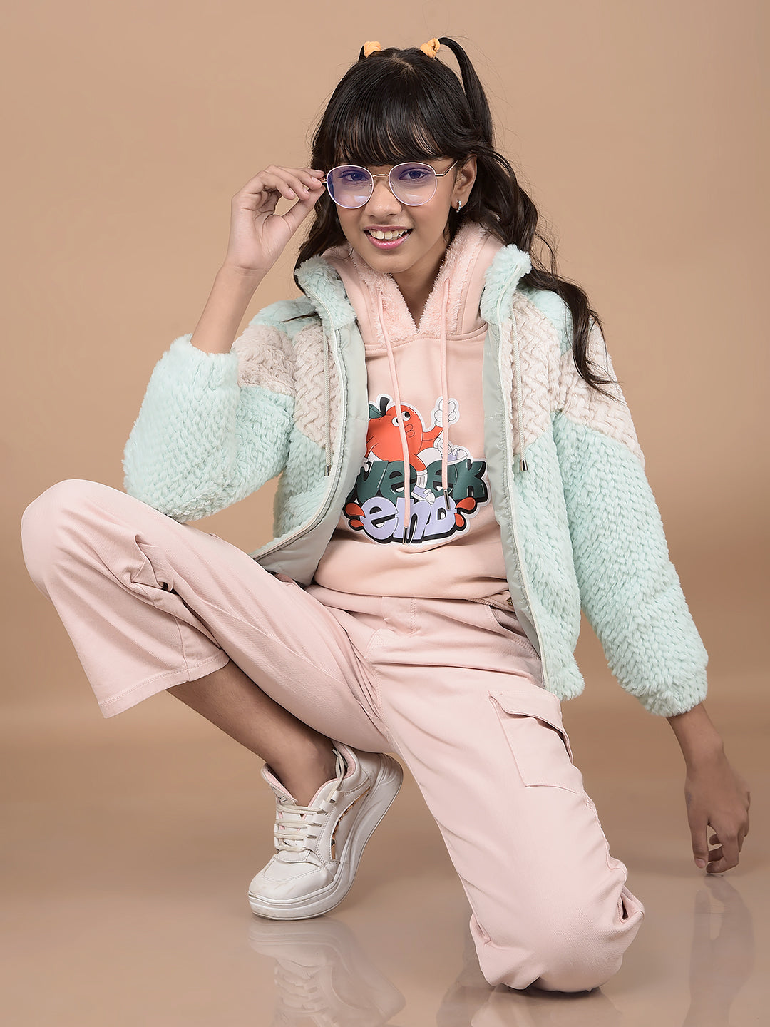 Multi-Color Self-Design High Neck Fur Jacket-Girls Jackets-Crimsoune Club