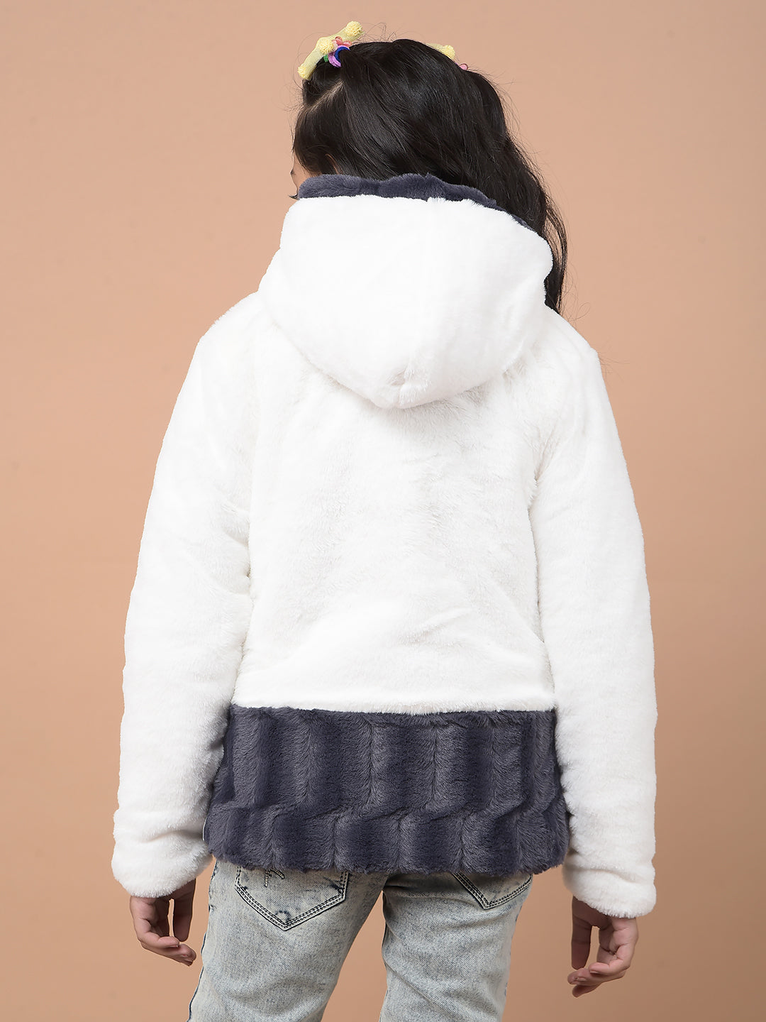 White Hooded Neck Fur Jacket-Girls Jackets-Crimsoune Club