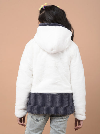 White Hooded Neck Fur Jacket-Girls Jackets-Crimsoune Club