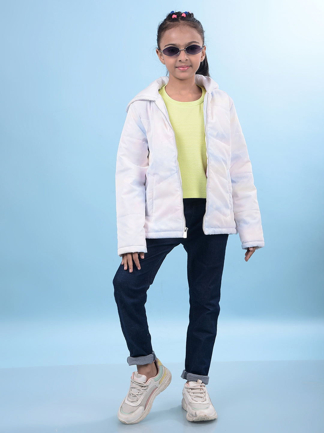 White Printed Hooded Neck Bomber Jacket-Girls Jackets-Crimsoune Club