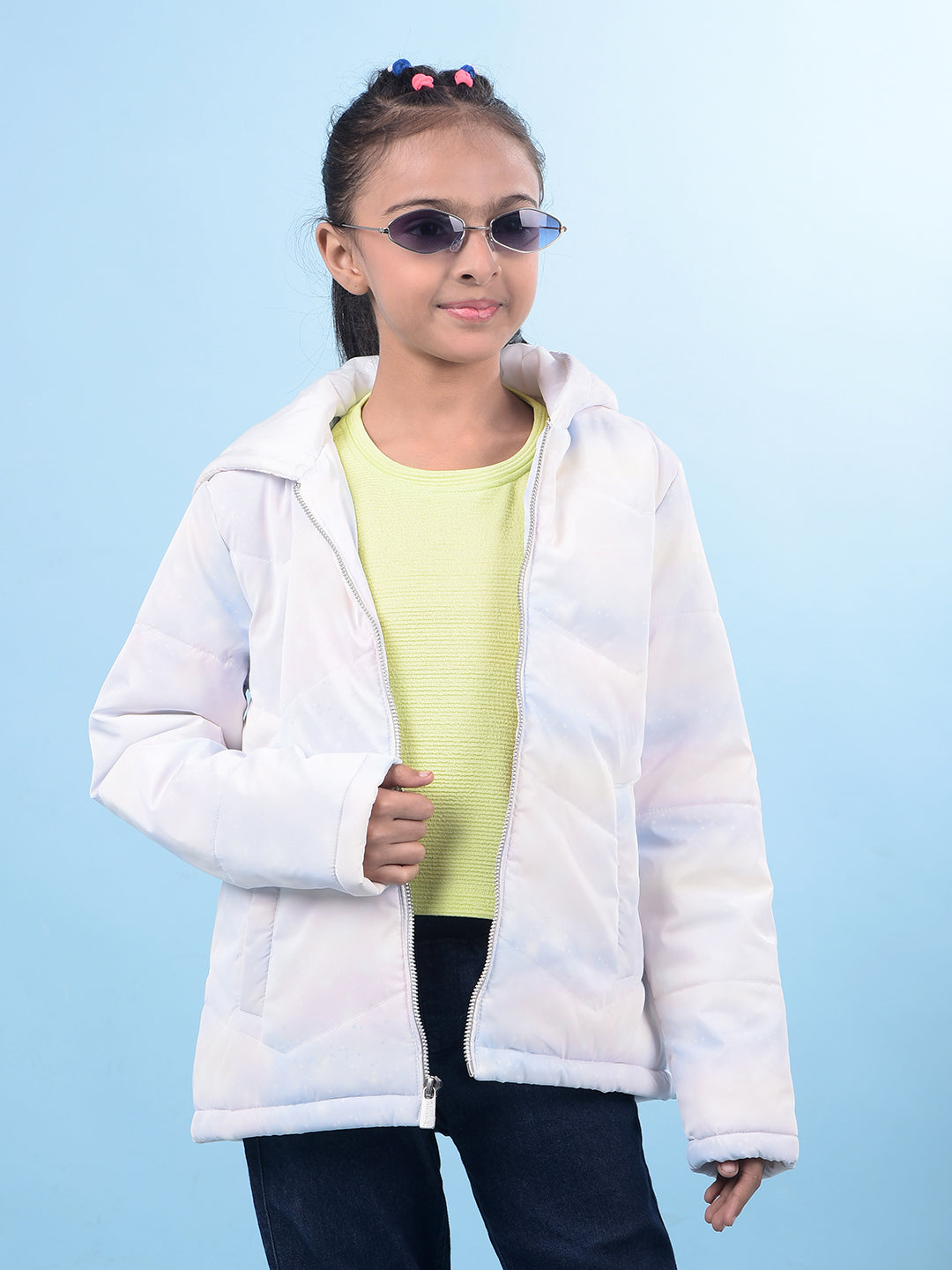 White Printed Hooded Neck Bomber Jacket-Girls Jackets-Crimsoune Club