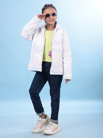 White Printed Hooded Neck Bomber Jacket-Girls Jackets-Crimsoune Club