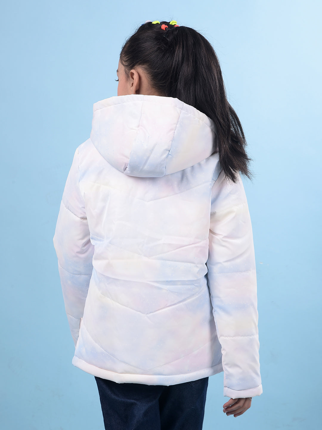 White Printed Hooded Neck Bomber Jacket-Girls Jackets-Crimsoune Club