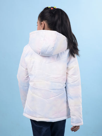 White Printed Hooded Neck Bomber Jacket-Girls Jackets-Crimsoune Club