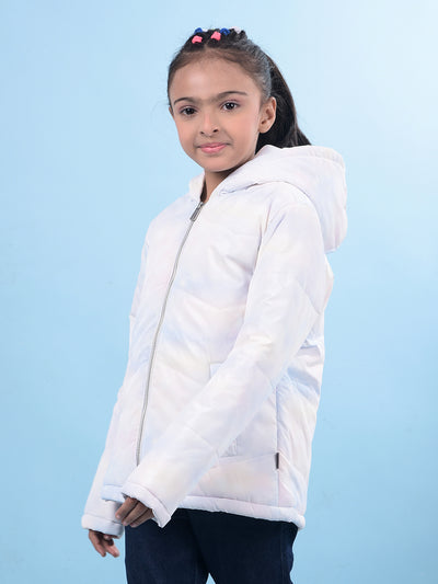 White Printed Hooded Neck Bomber Jacket-Girls Jackets-Crimsoune Club