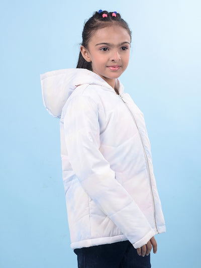 White Printed Hooded Neck Bomber Jacket-Girls Jackets-Crimsoune Club