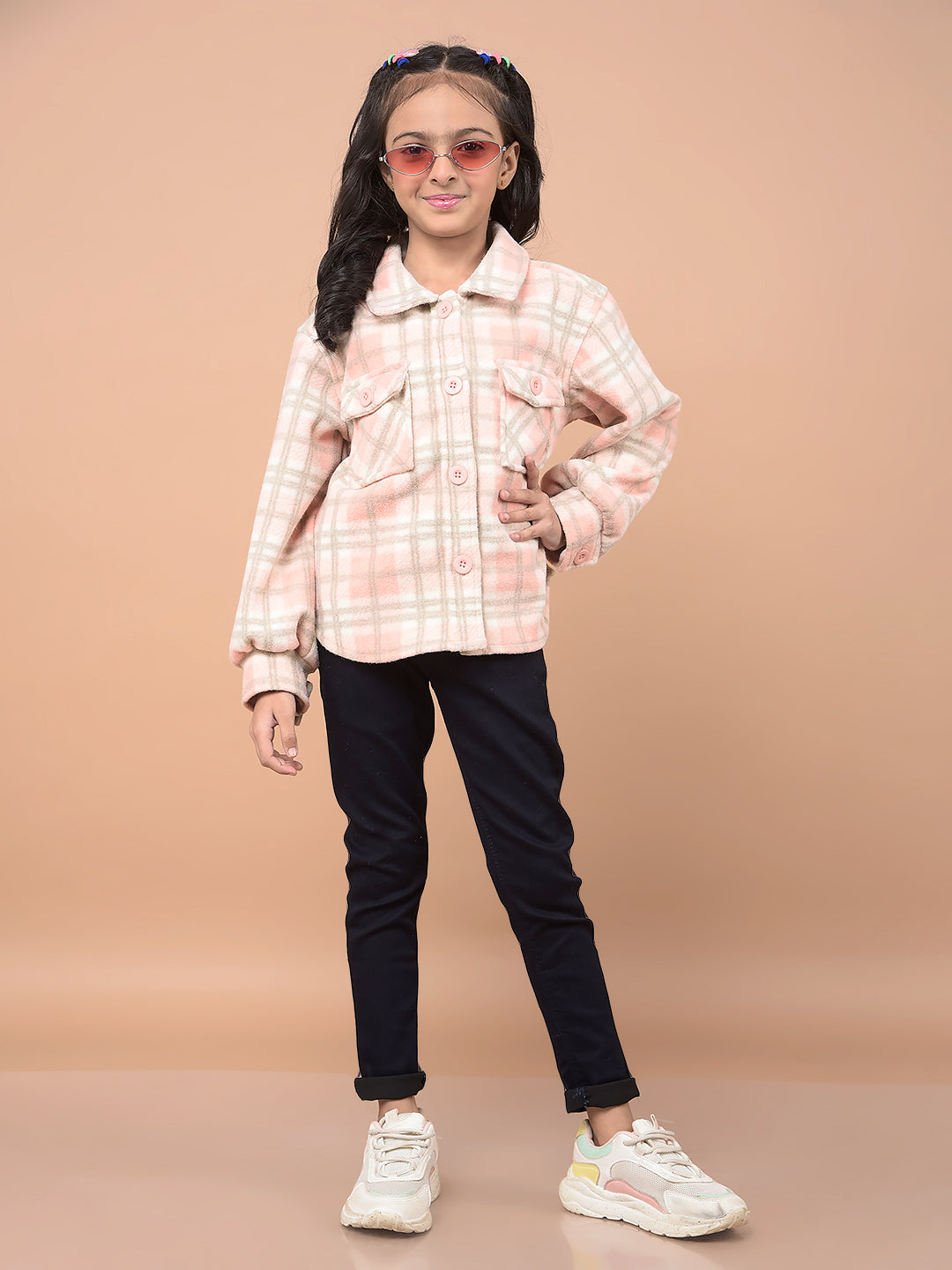 Peach Checked Shacket-Girls Shackets-Crimsoune Club