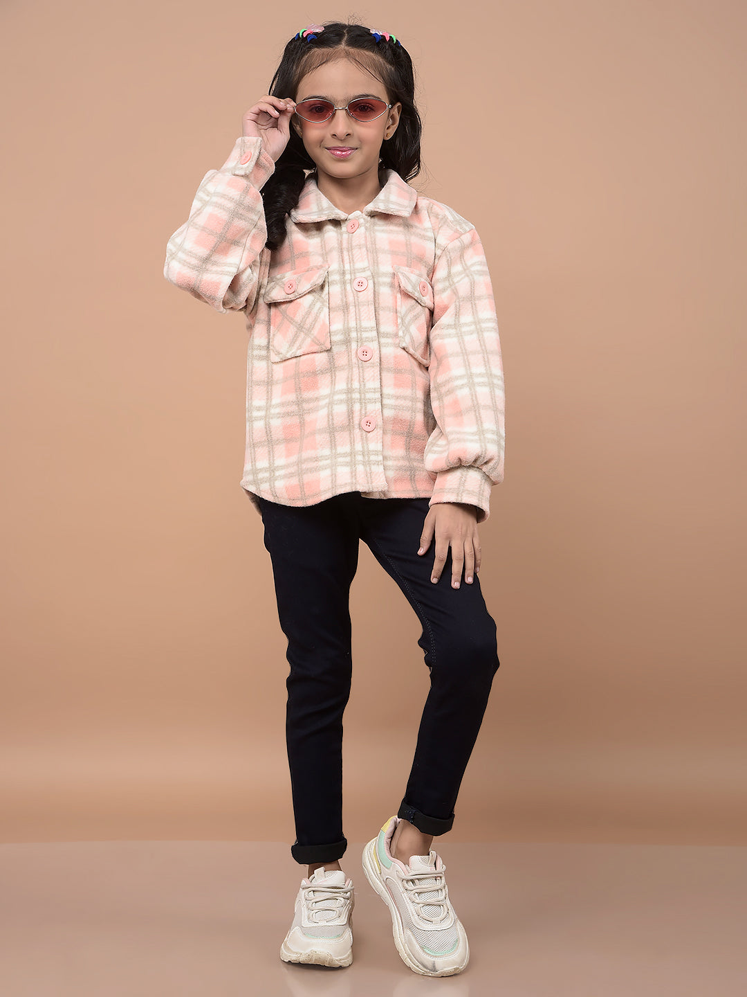 Peach Checked Shacket-Girls Shackets-Crimsoune Club