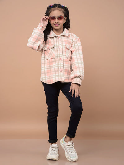 Peach Checked Shacket-Girls Shackets-Crimsoune Club