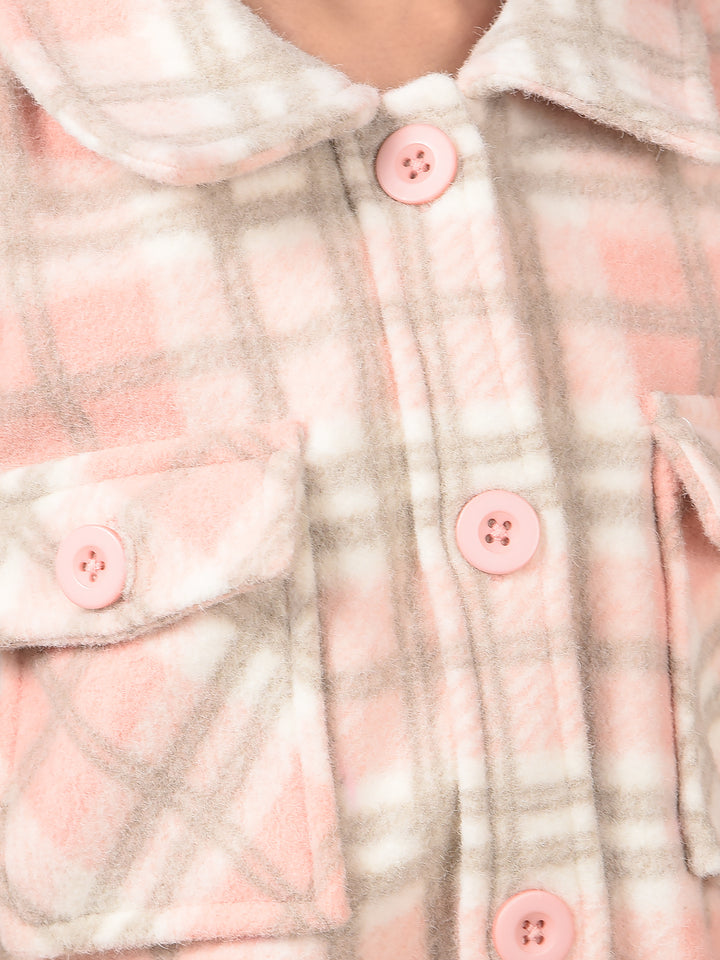 Peach Checked Shacket-Girls Shackets-Crimsoune Club