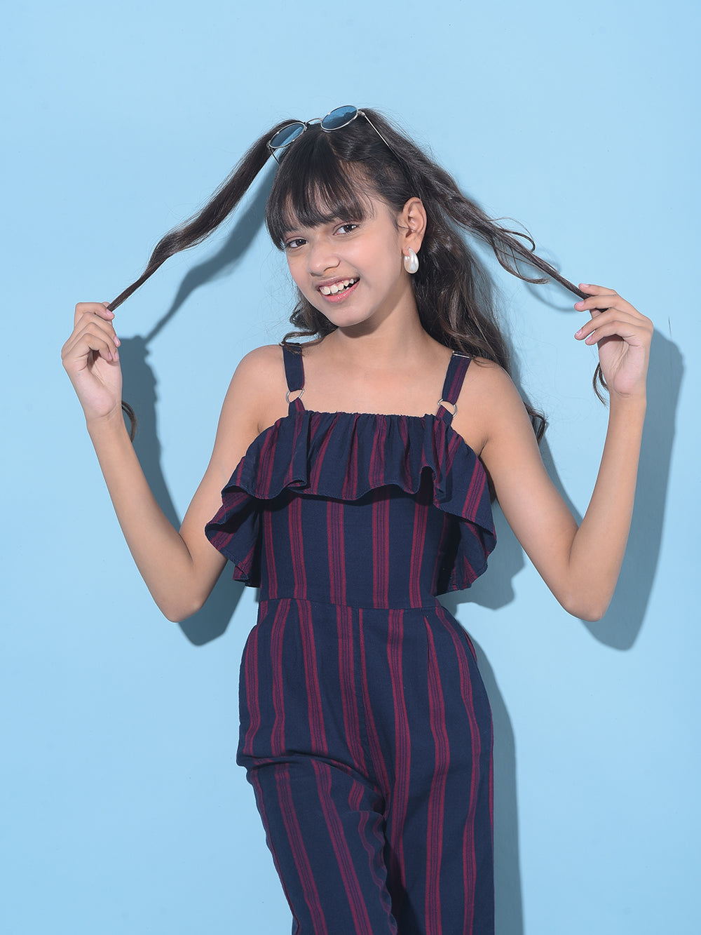 Red Vertical Striped Calf Length Jumpsuit-Girls Jumpsuits-Crimsoune Club