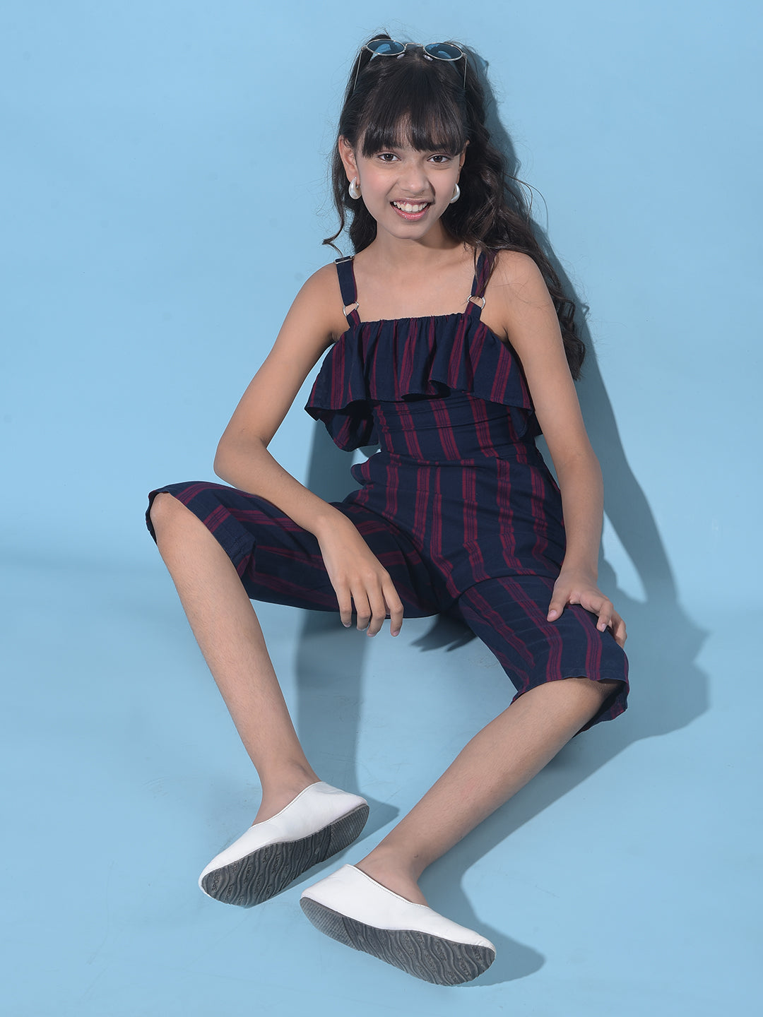 Red Vertical Striped Calf Length Jumpsuit-Girls Jumpsuits-Crimsoune Club