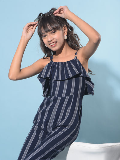 Navy Blue Vertical Striped Calf Length Jumpsuit-Girls Jumpsuits-Crimsoune Club