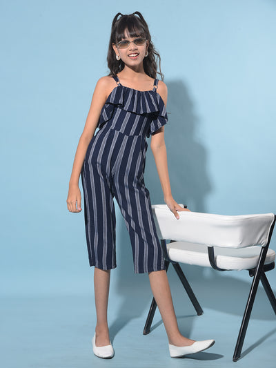 Navy Blue Vertical Striped Calf Length Jumpsuit-Girls Jumpsuits-Crimsoune Club