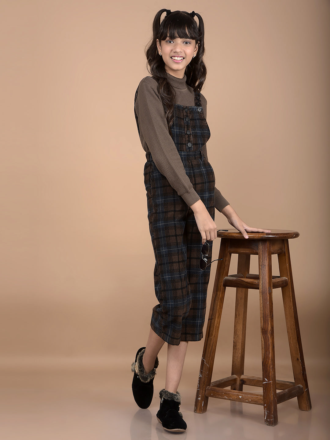 Brown Checked Crop Length 100% Cotton Dungarees-Girls Dungarees-Crimsoune Club