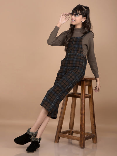 Brown Checked Crop Length 100% Cotton Dungarees-Girls Dungarees-Crimsoune Club