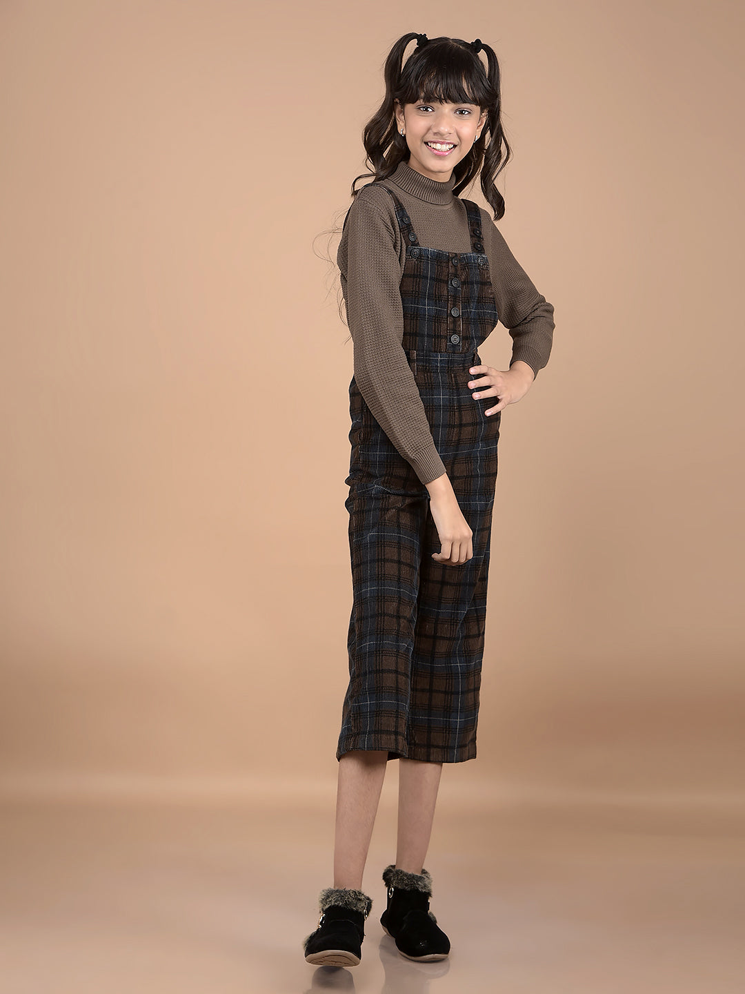 Brown Checked Crop Length 100% Cotton Dungarees-Girls Dungarees-Crimsoune Club