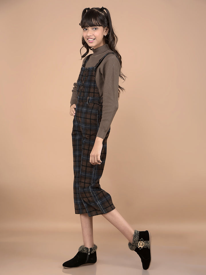 Brown Checked Crop Length 100% Cotton Dungarees-Girls Dungarees-Crimsoune Club