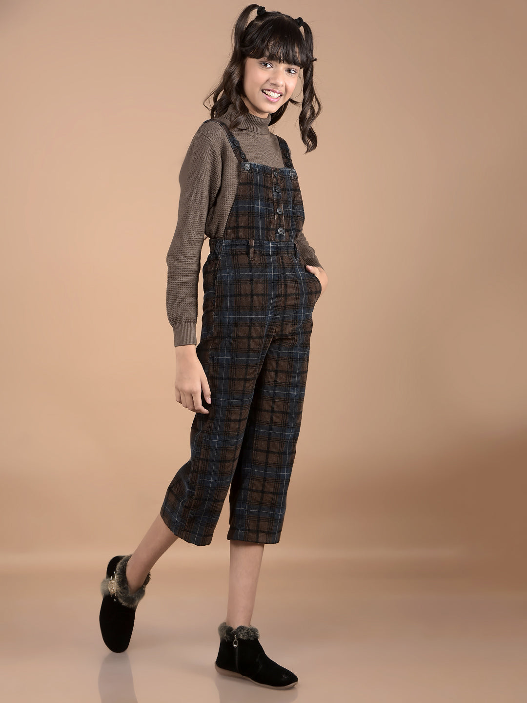 Brown Checked Crop Length 100% Cotton Dungarees-Girls Dungarees-Crimsoune Club