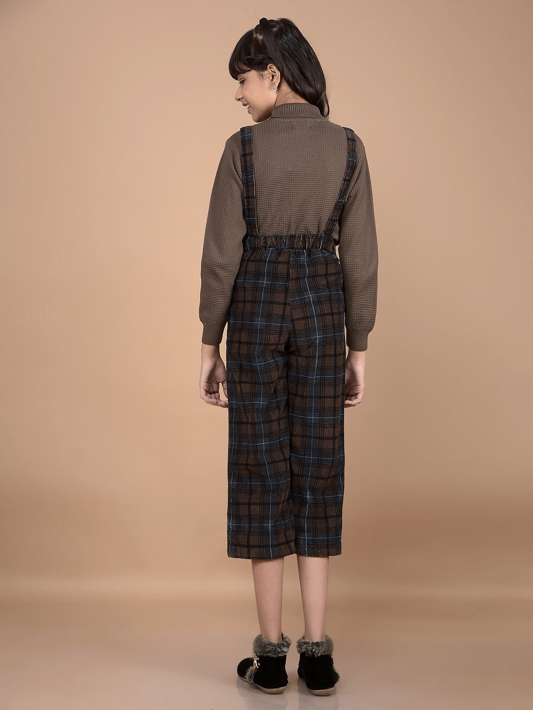 Brown Checked Crop Length 100% Cotton Dungarees-Girls Dungarees-Crimsoune Club