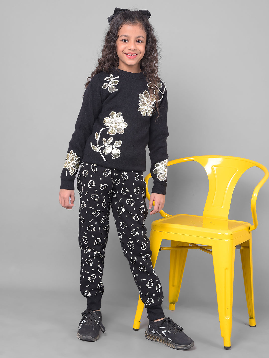 Black Printed Graphic Trackpant-Girls Trackpants-Crimsoune Club