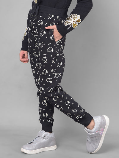 Black Printed Graphic Trackpant-Girls Trackpants-Crimsoune Club