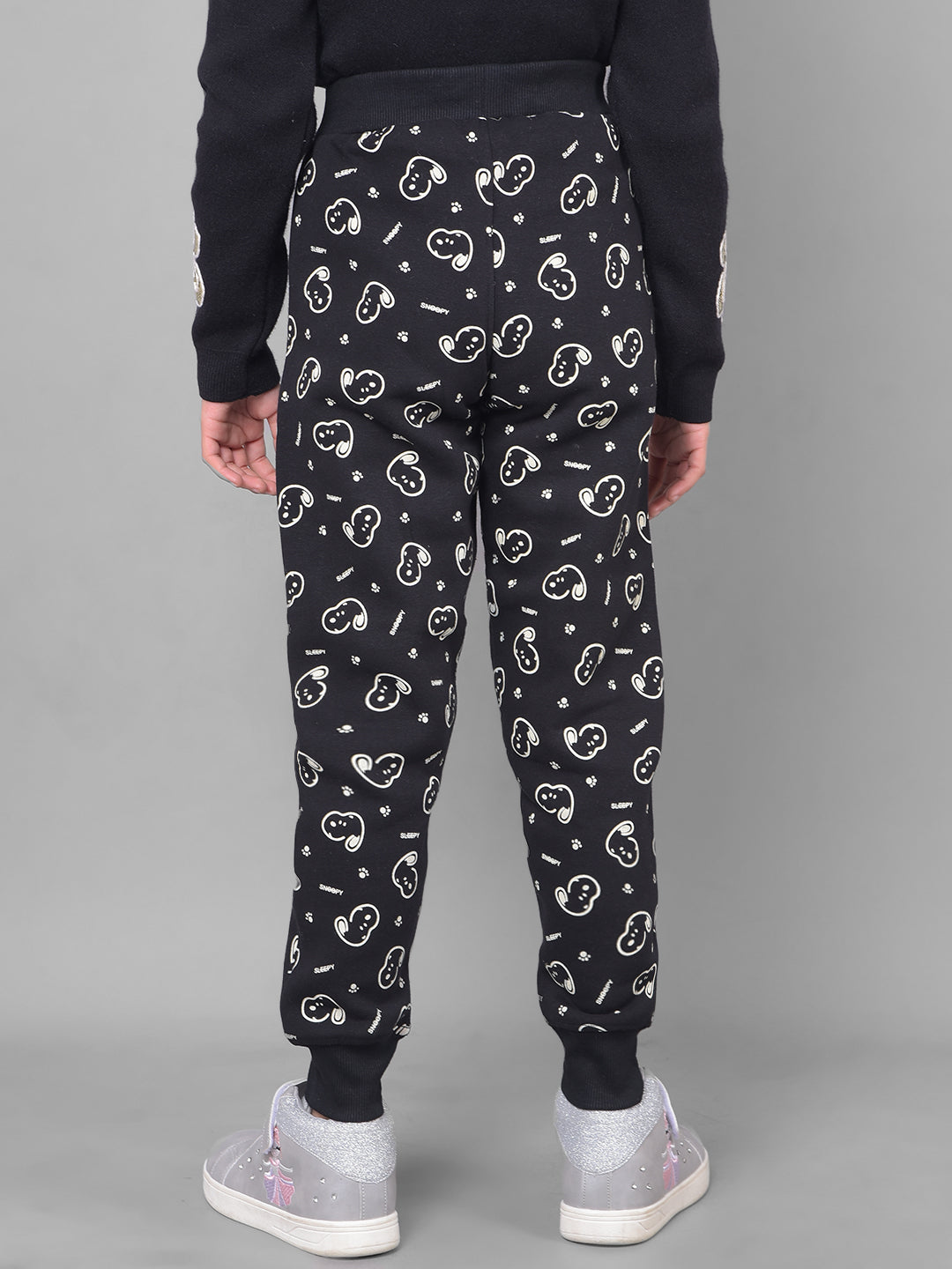 Black Printed Graphic Trackpant-Girls Trackpants-Crimsoune Club