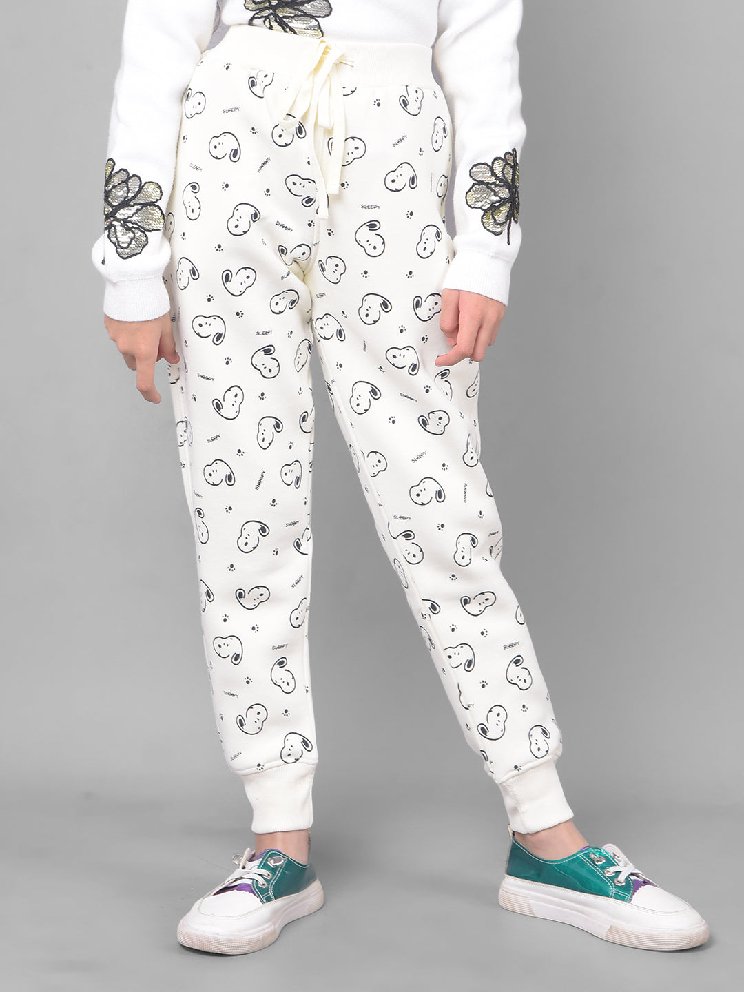 Off White Printed Graphic Trackpant-Girls Trackpants-Crimsoune Club