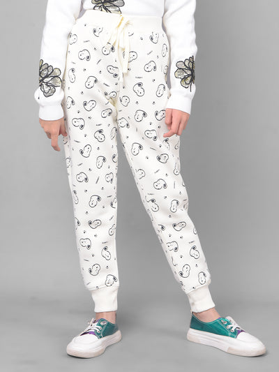 Off White Printed Graphic Trackpant-Girls Trackpants-Crimsoune Club