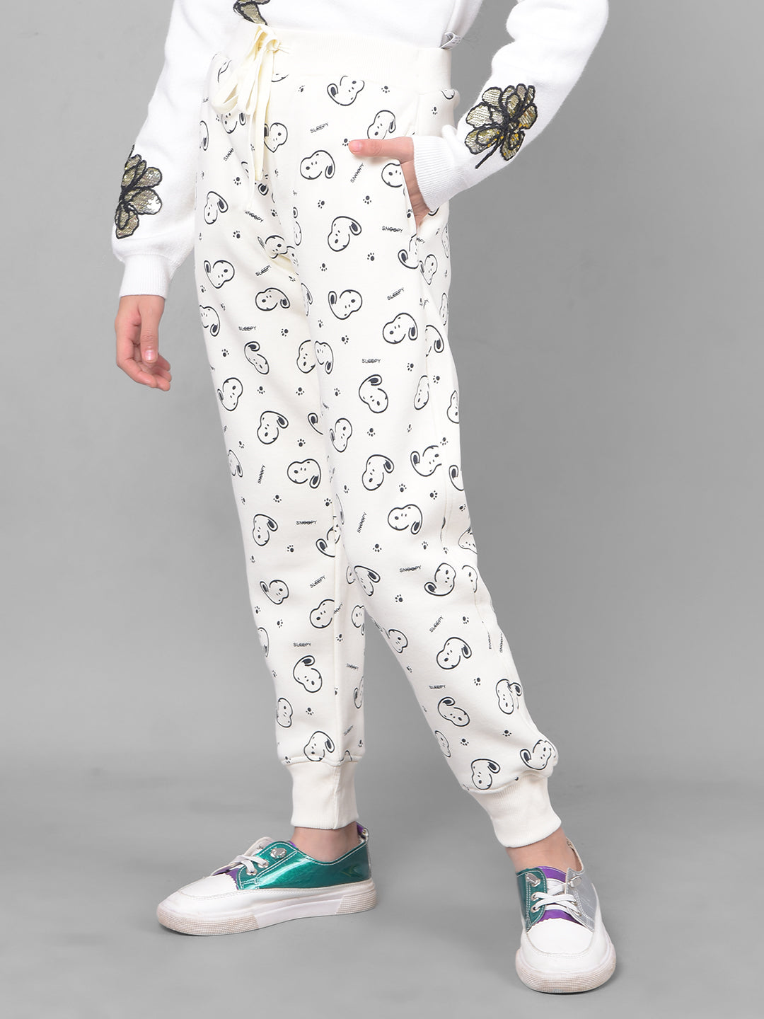 Off White Printed Graphic Trackpant-Girls Trackpants-Crimsoune Club