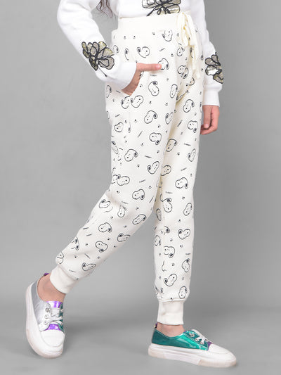 Off White Printed Graphic Trackpant-Girls Trackpants-Crimsoune Club