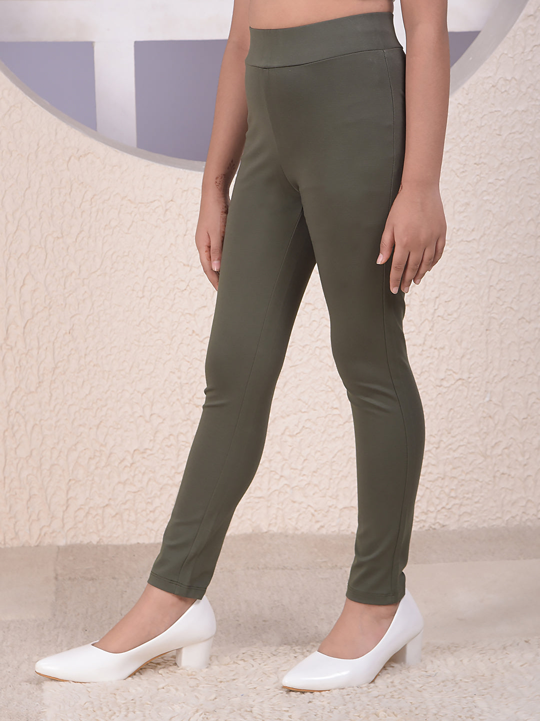 Olivine Stretch Slim Treggings-Girls Treggings-Crimsoune Club