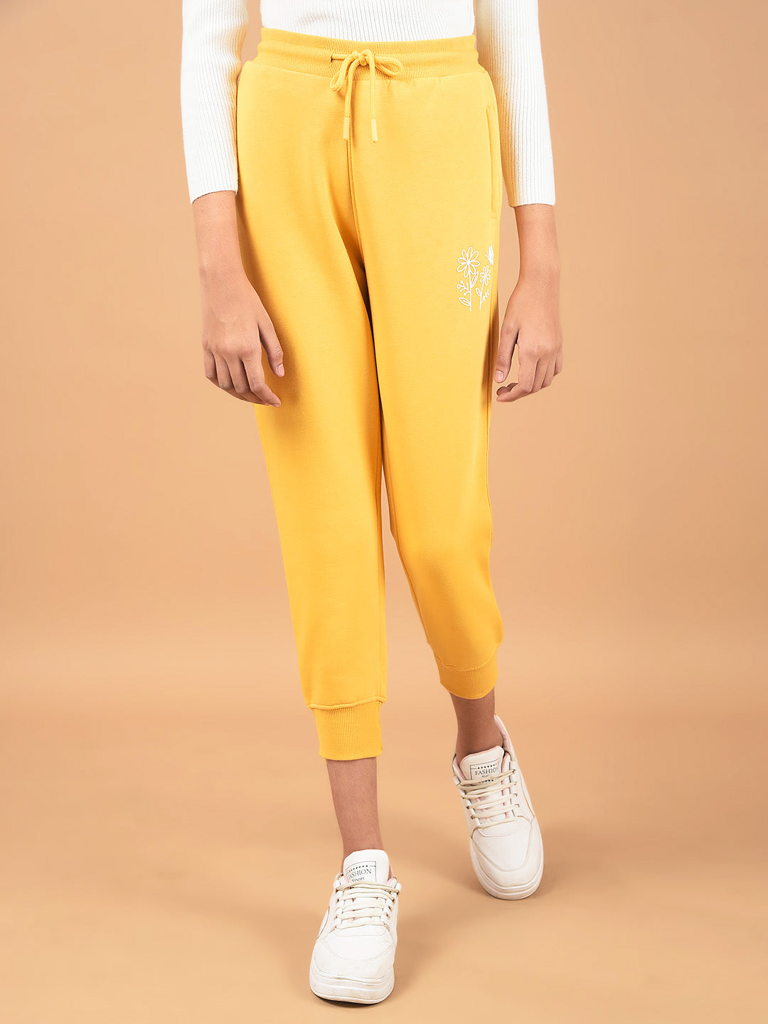 Mustard Floral Print Joggers-Girls Joggers-Crimsoune Club