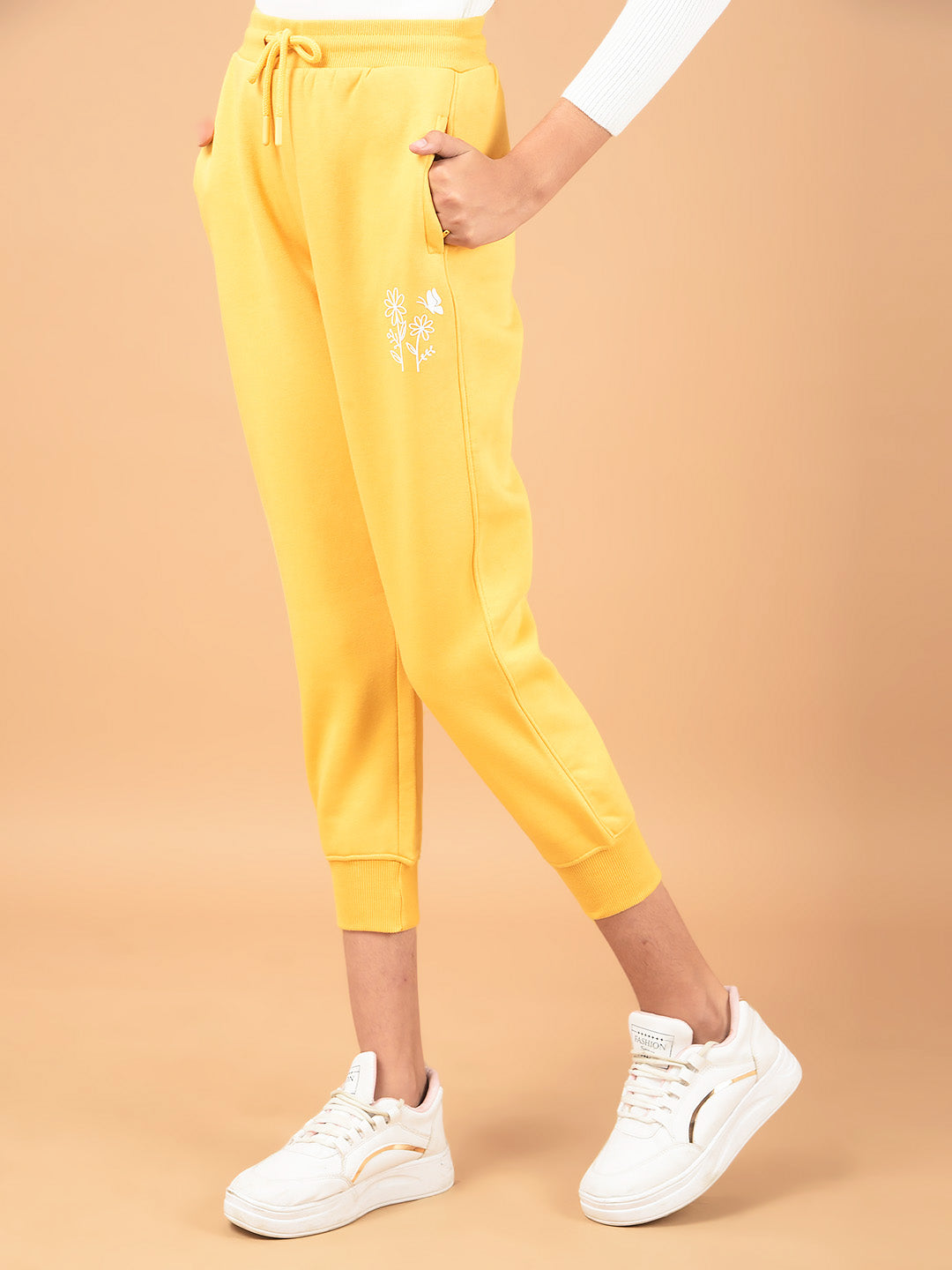 Mustard Floral Print Joggers-Girls Joggers-Crimsoune Club