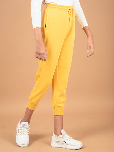 Mustard Floral Print Joggers-Girls Joggers-Crimsoune Club