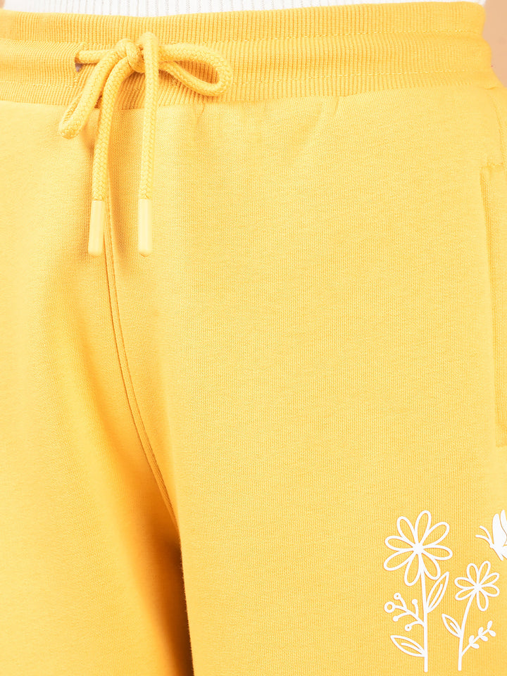 Mustard Floral Print Joggers-Girls Joggers-Crimsoune Club