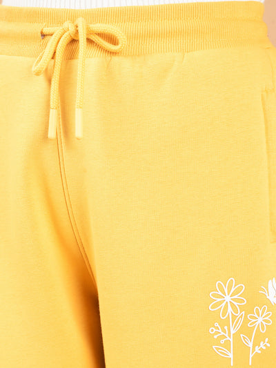 Mustard Floral Print Joggers-Girls Joggers-Crimsoune Club