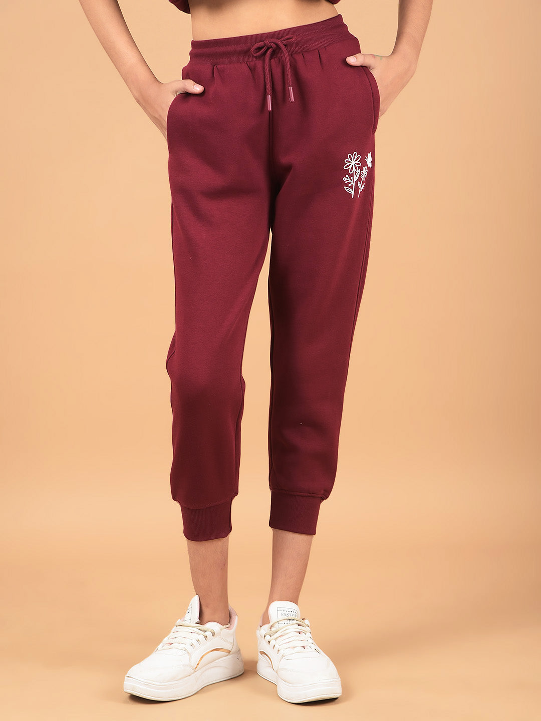 Wine Floral Print Joggers-Girls Joggers-Crimsoune Club