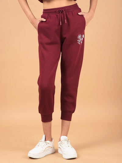 Wine Floral Print Joggers-Girls Joggers-Crimsoune Club