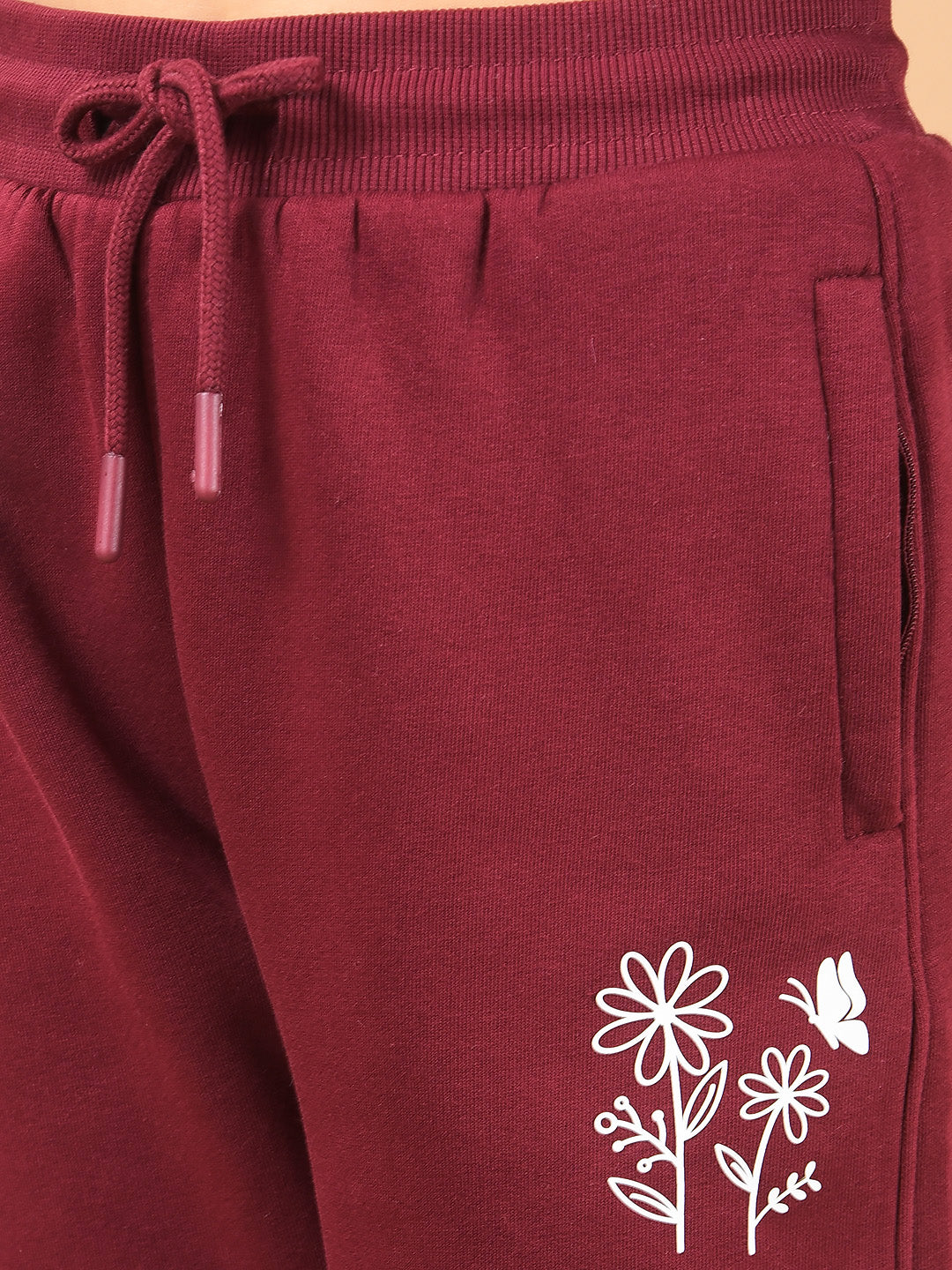 Wine Floral Print Joggers-Girls Joggers-Crimsoune Club